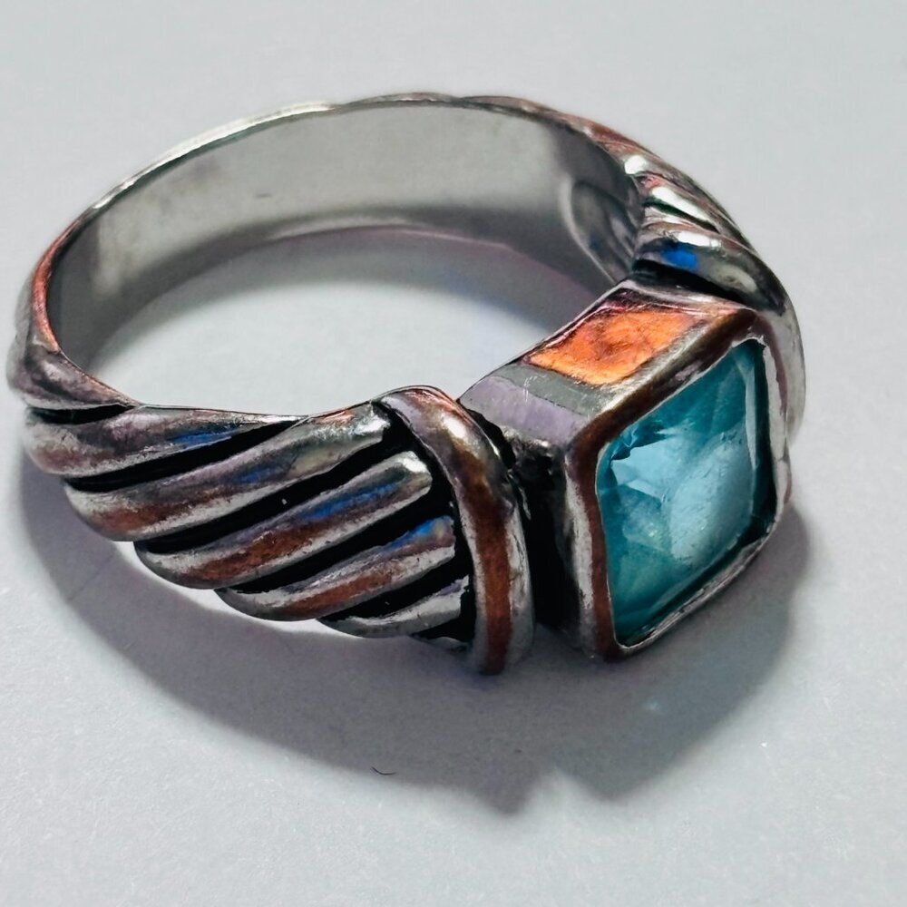 Vintage Cable Style Silver Tone Ring with Cushion Cut Aqua Teal Stone Size 6.5